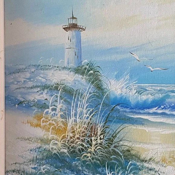 Lighthouse Beach Oil Painting MCM Oil on Canvas 1960s Retro Seagulls N Siebel - Picture 1 of 15
